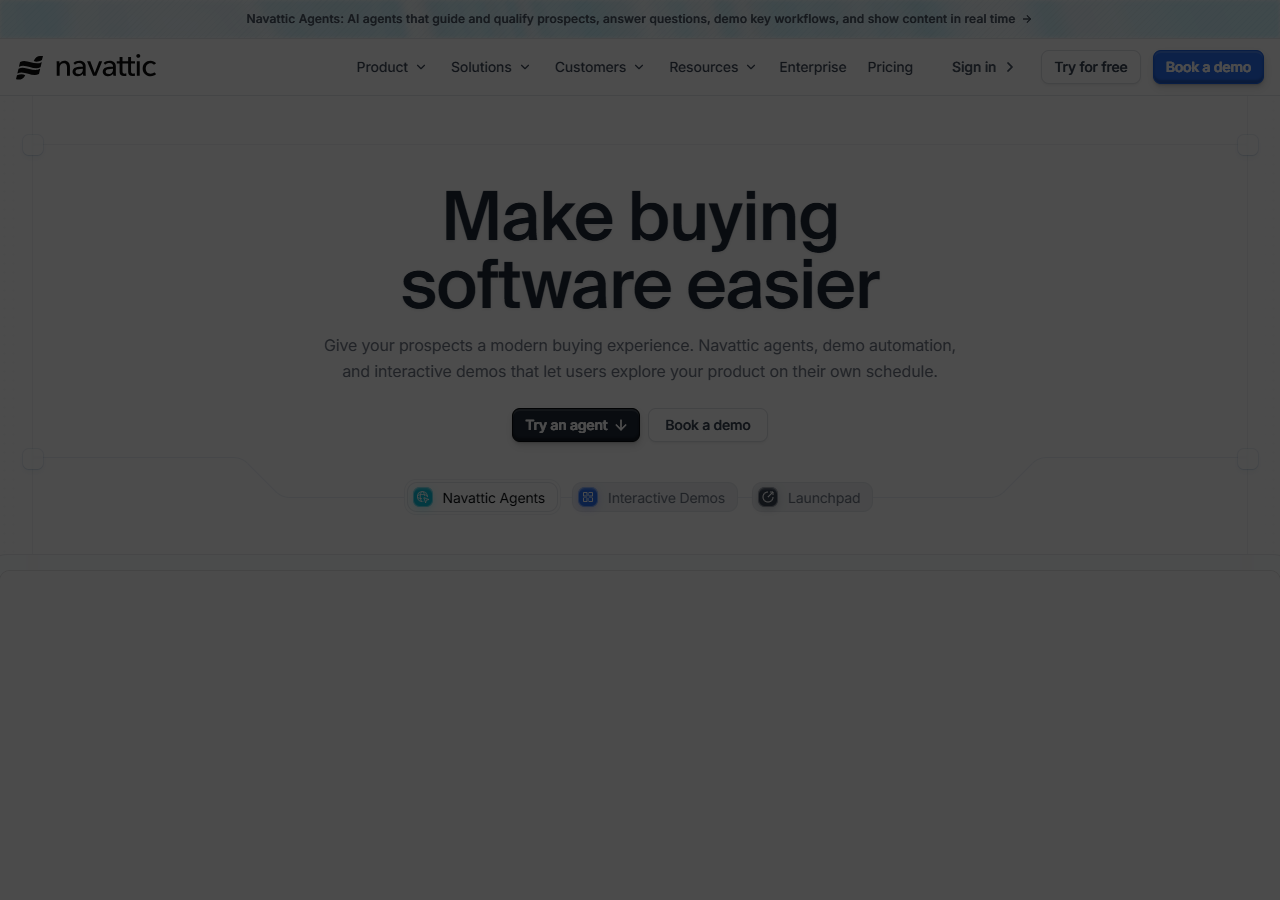 Navattic homepage hero with an interactive product demo shown in a browser window