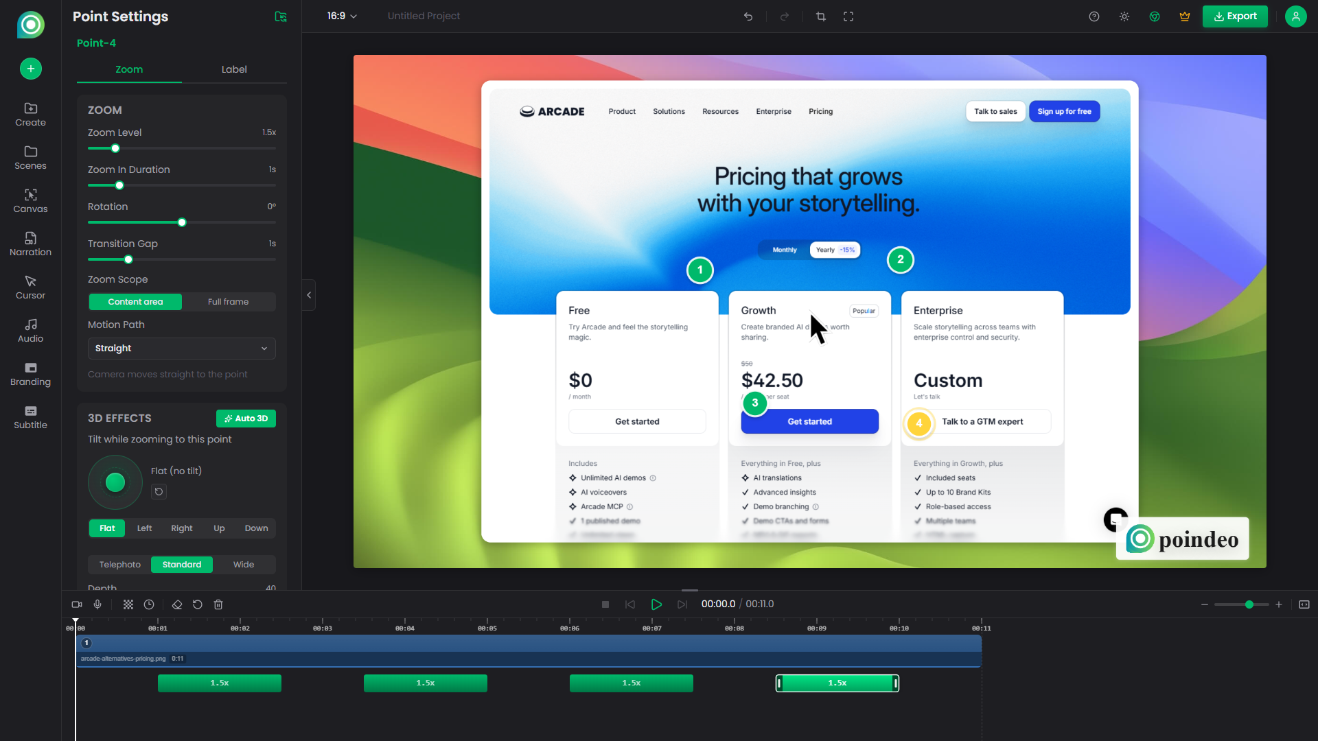 Poindeo editor with numbered zoom points placed on a pricing screenshot and the point settings panel open