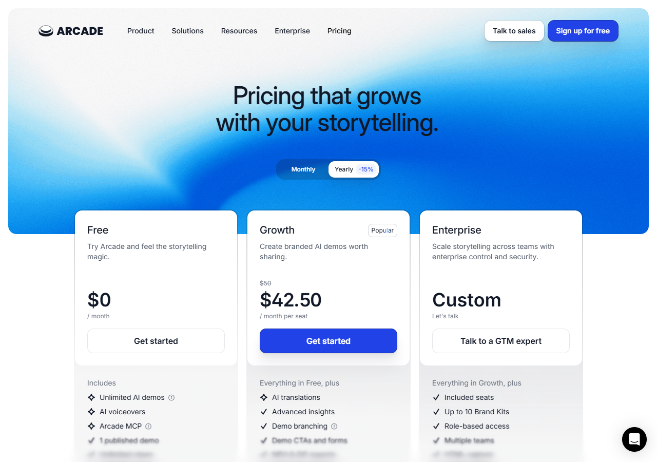 Arcade demo plans pricing page showing the free plan and the Growth tier at 42.50 USD per seat per month