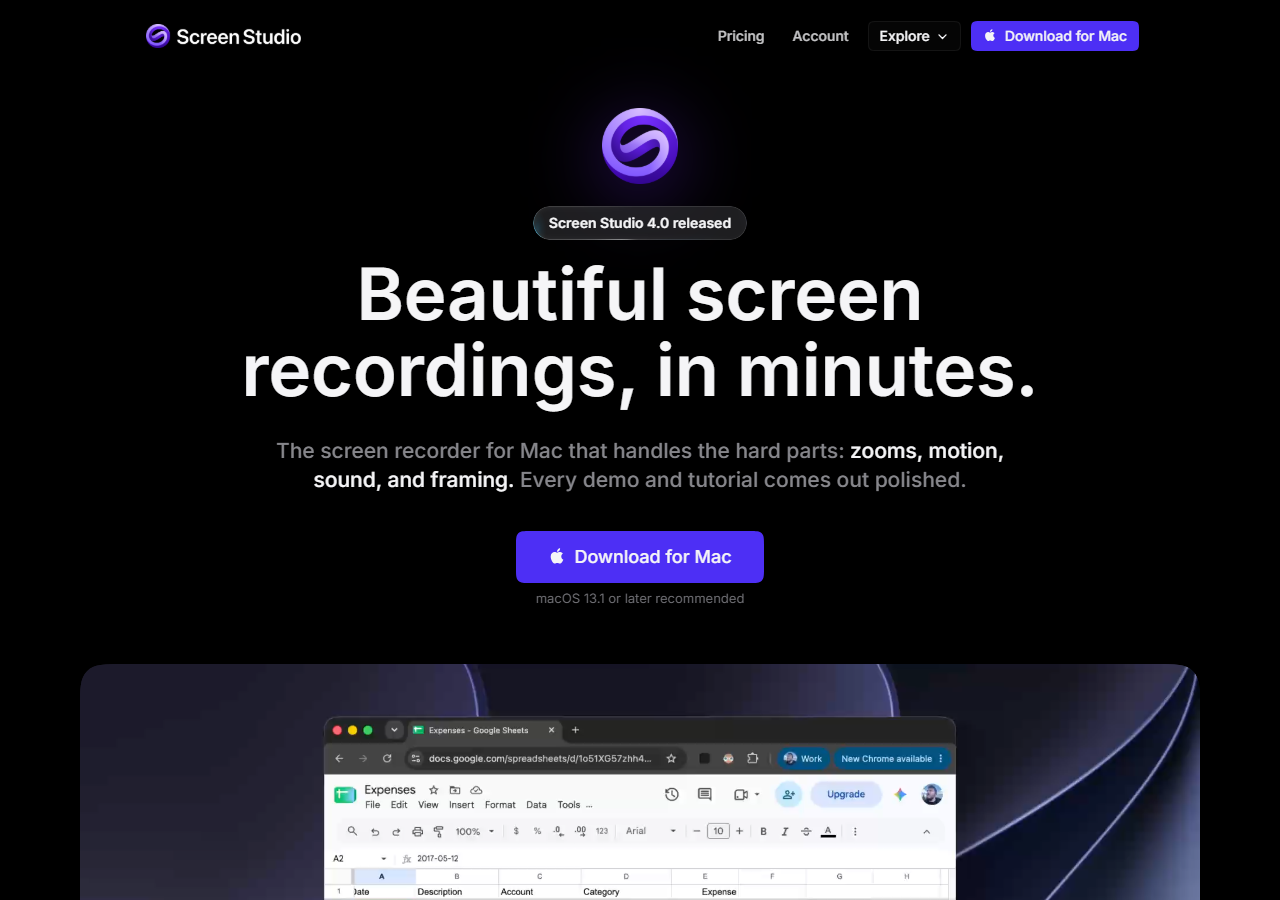 Screen Studio homepage showing cinematic screen recording output on macOS