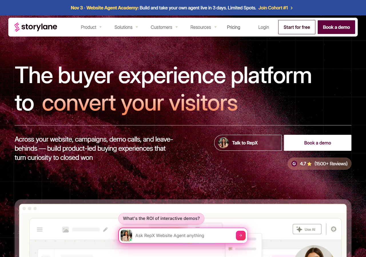 Storylane homepage hero with headline and demo product screenshot