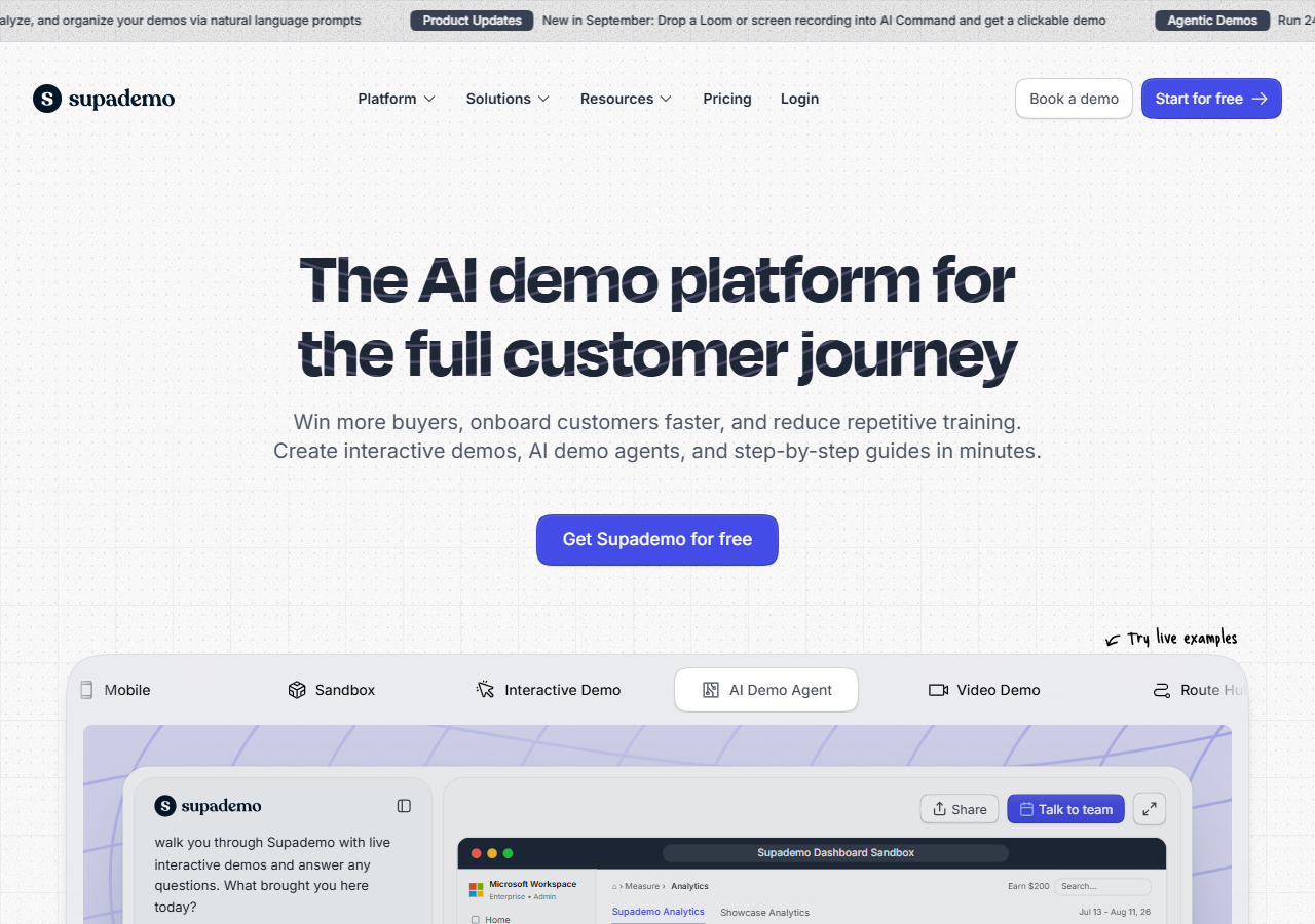 Supademo homepage hero showing the AI demo platform pitch