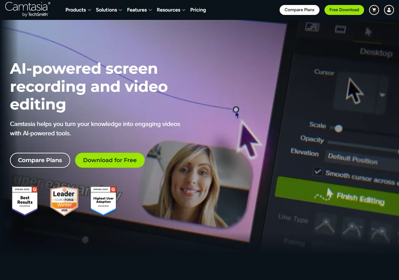 Camtasia website: AI-powered screen recording and timeline-based video editing