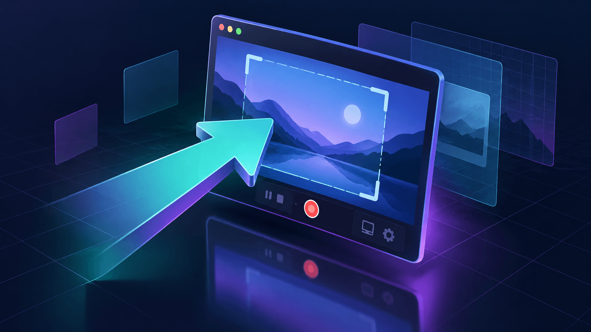 A browser window tilted in 3D perspective with a zoom arrow, illustrating a 3D zoom effect on a screen recording