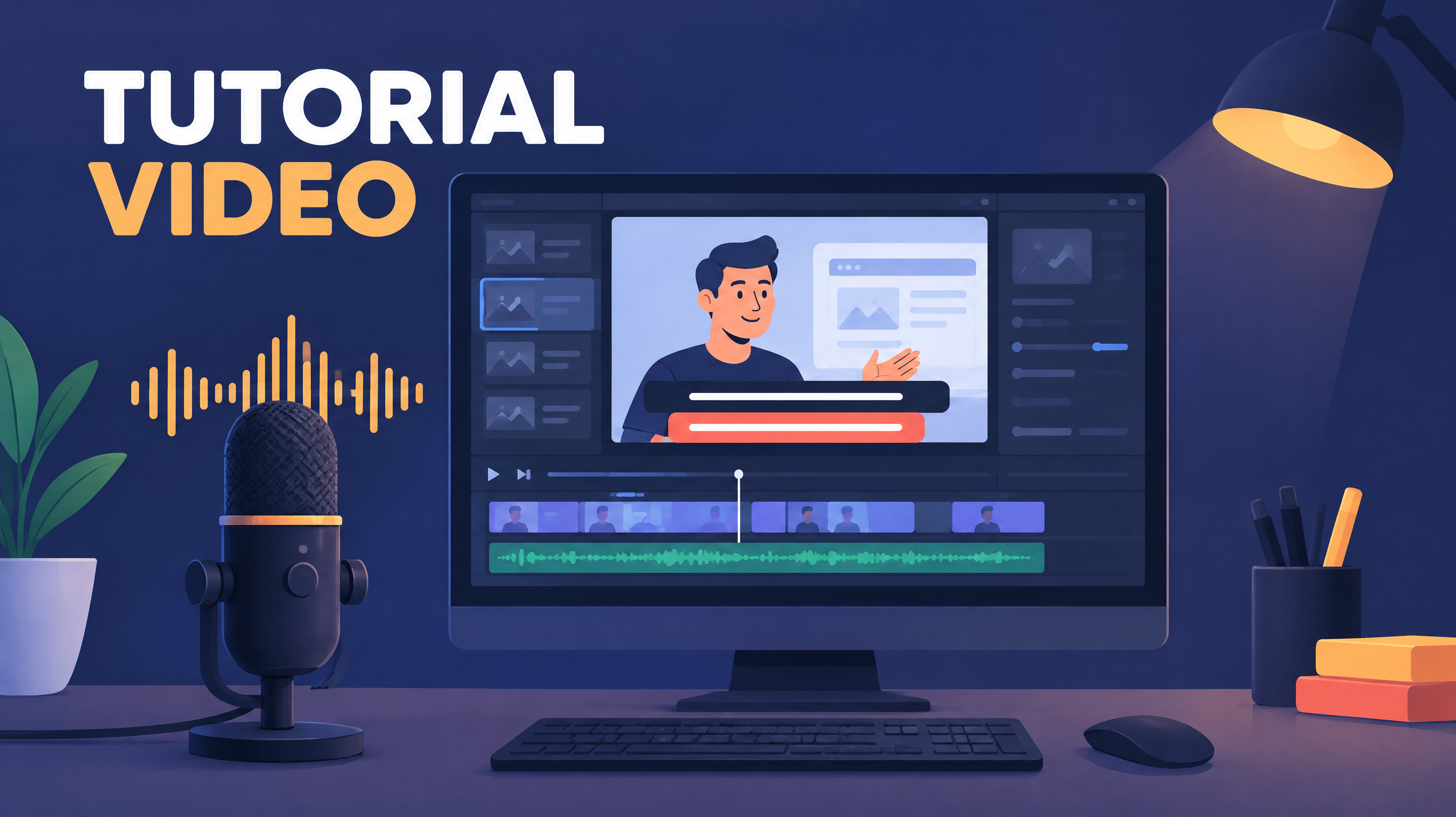 A tutorial video editing timeline with a microphone voice-over waveform and subtitle bars