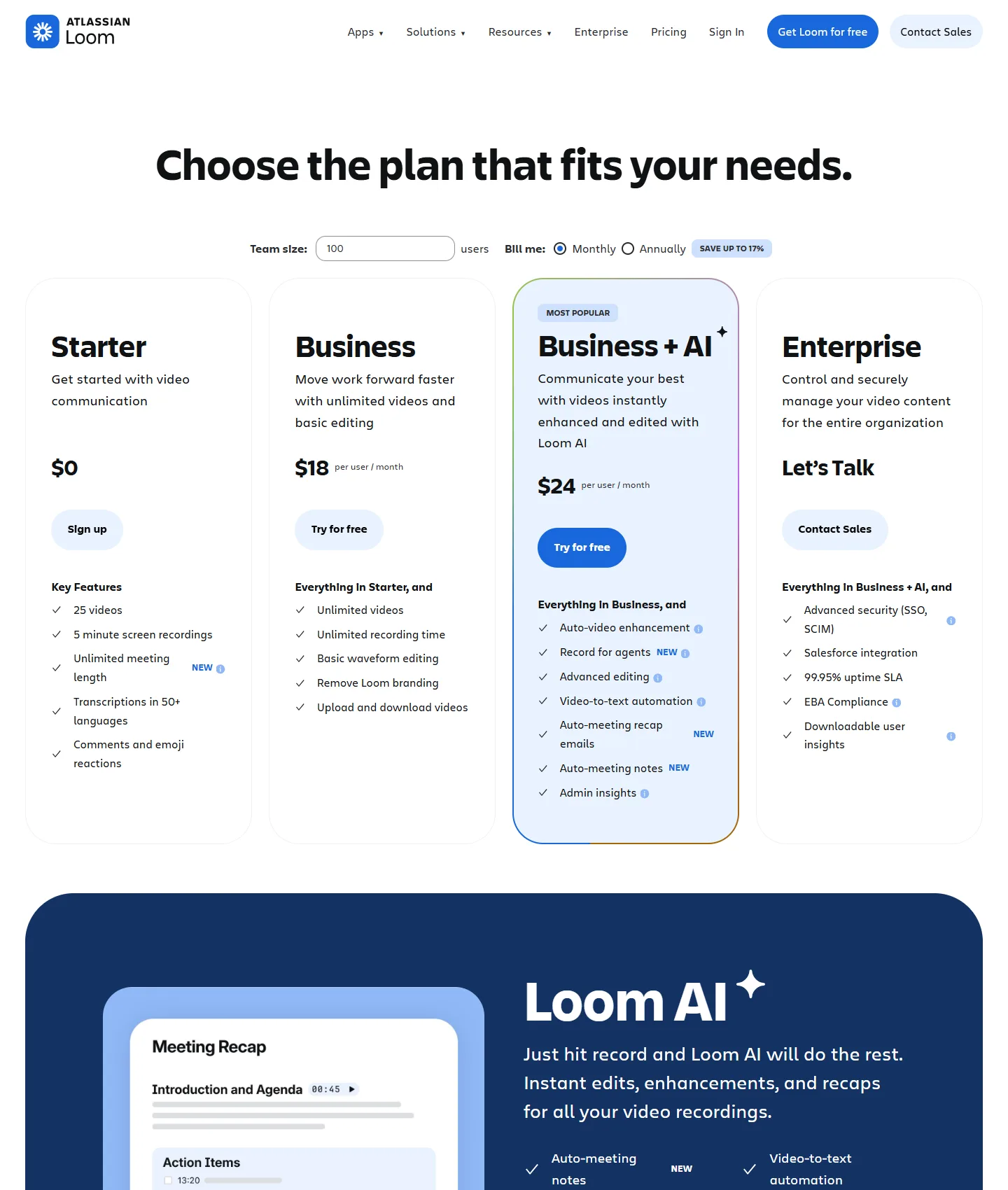 Loom pricing page showing the Starter, Business, Business + AI, and Enterprise plans