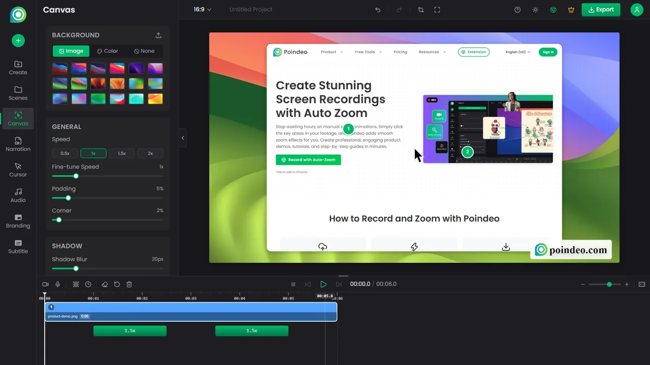 Poindeo editor: every auto-generated zoom point sits on the timeline, zoom level and timing adjustable