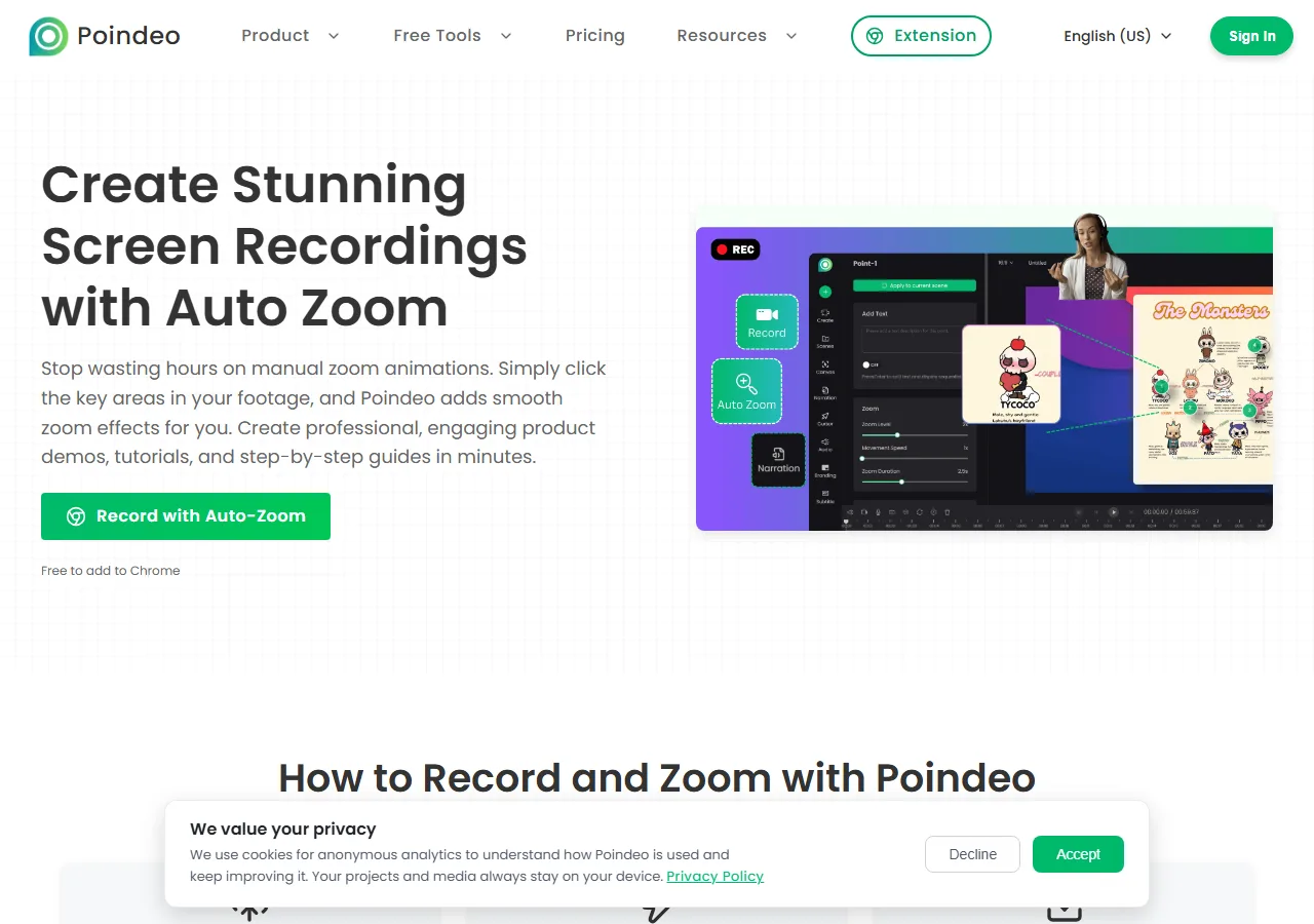 Poindeo screen recorder with auto zoom — the browser editor and its automatic zoom moves