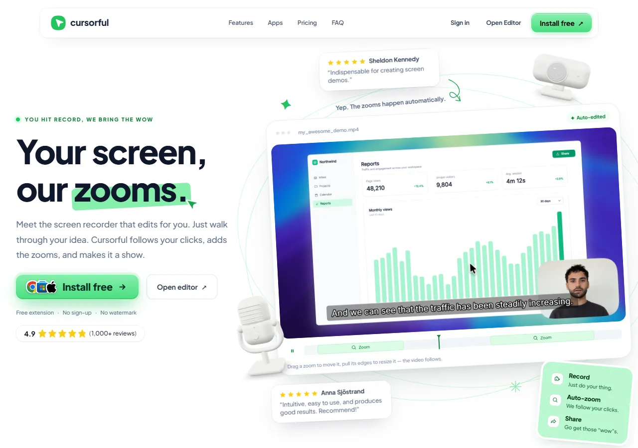 Cursorful homepage — a free Chrome extension that adds automatic zooms to your recordings