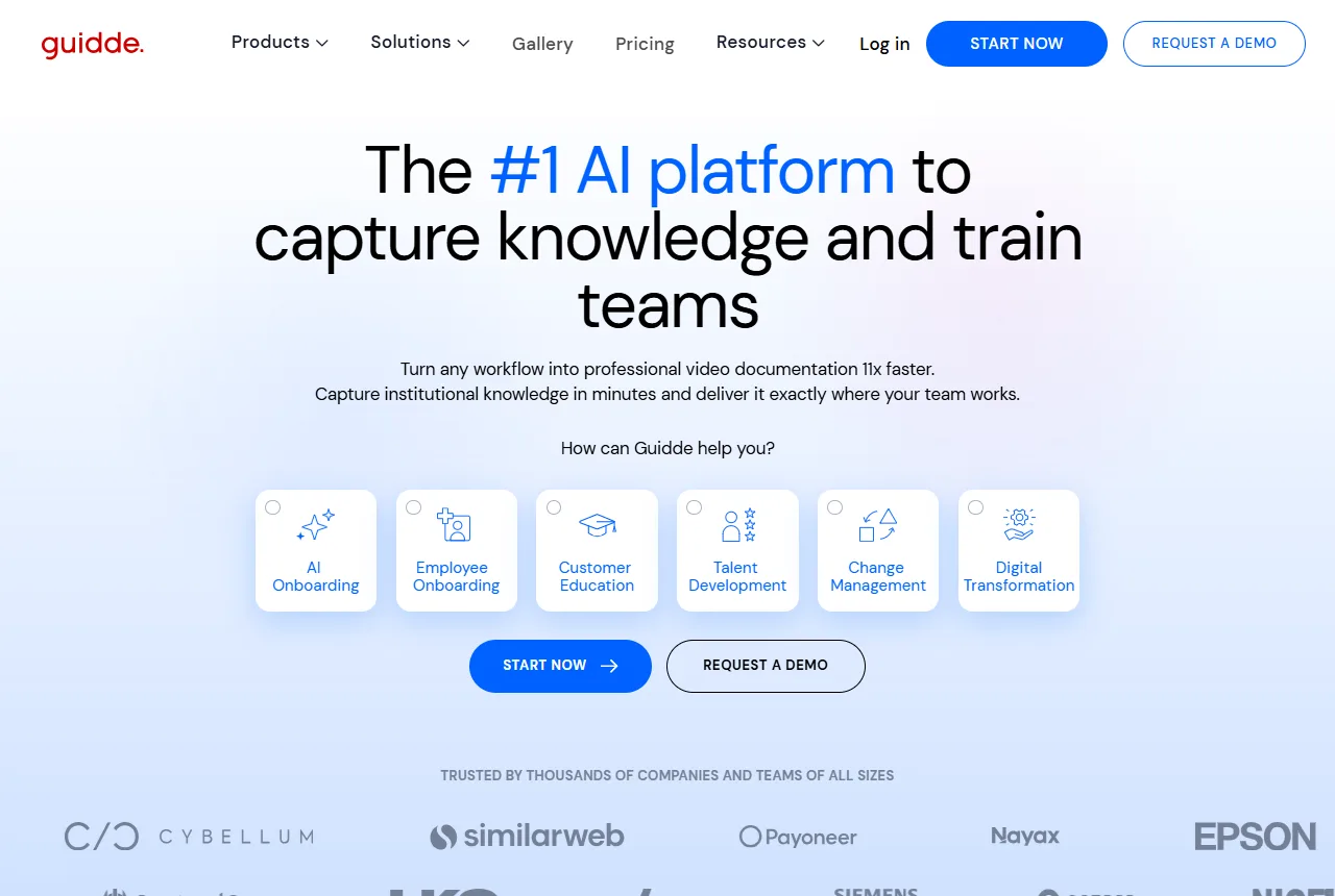 Guidde homepage — AI capture that turns workflows into narrated step-by-step demo videos