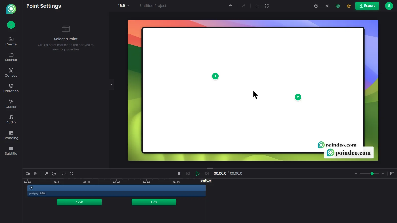 Poindeo browser editor on Windows with auto-generated zoom points on the timeline