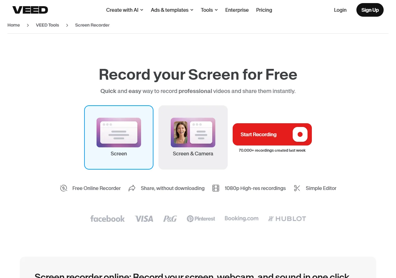 VEED's free online screen recorder page in the browser
