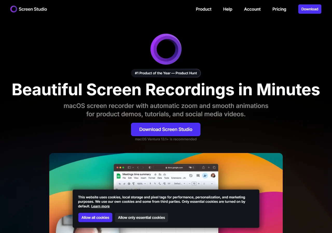 Screen Studio website: the macOS screen recorder with automatic zoom and smooth animations