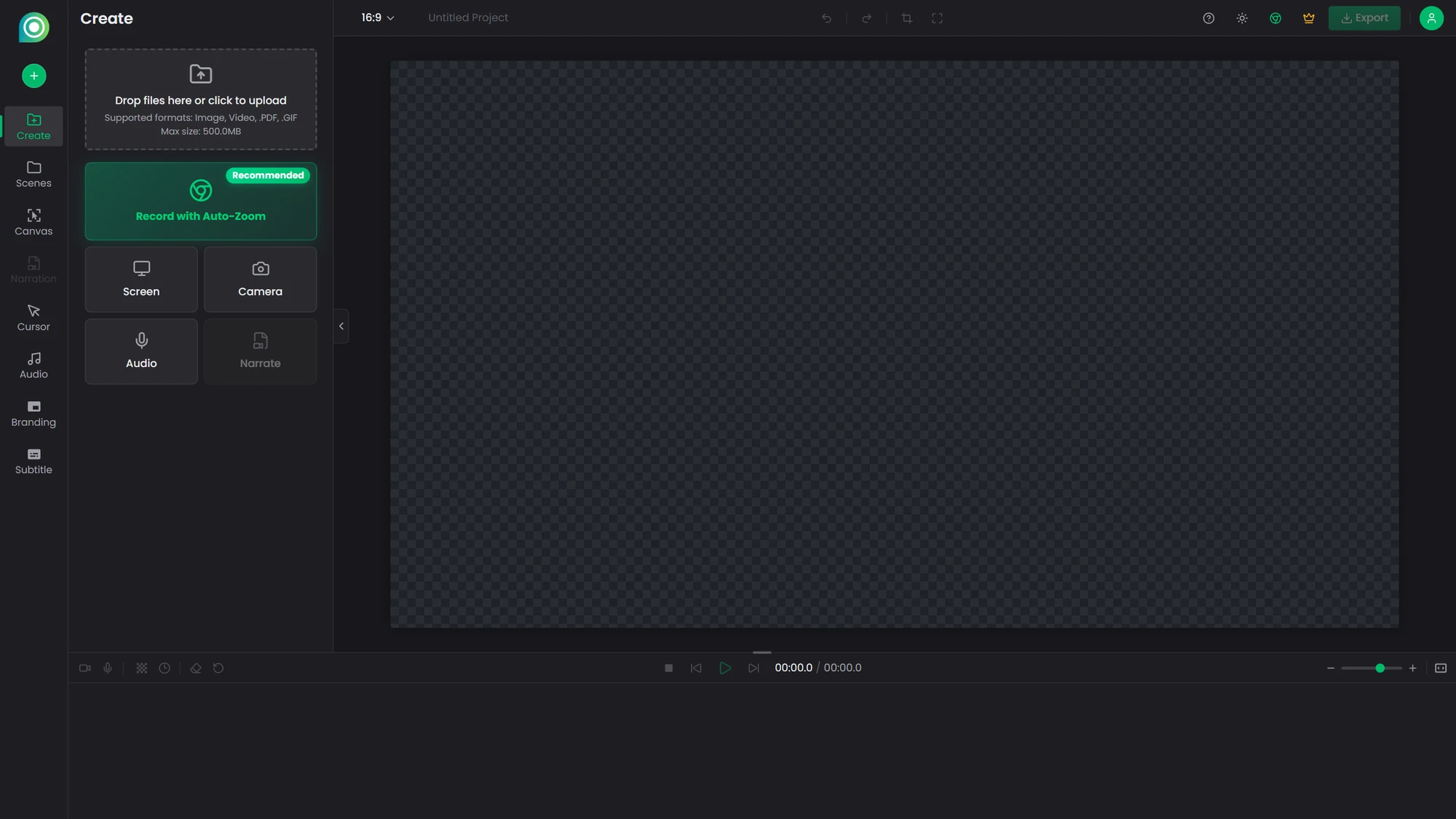 The Poindeo editor start screen with the drag-and-drop upload area for importing a screen recording