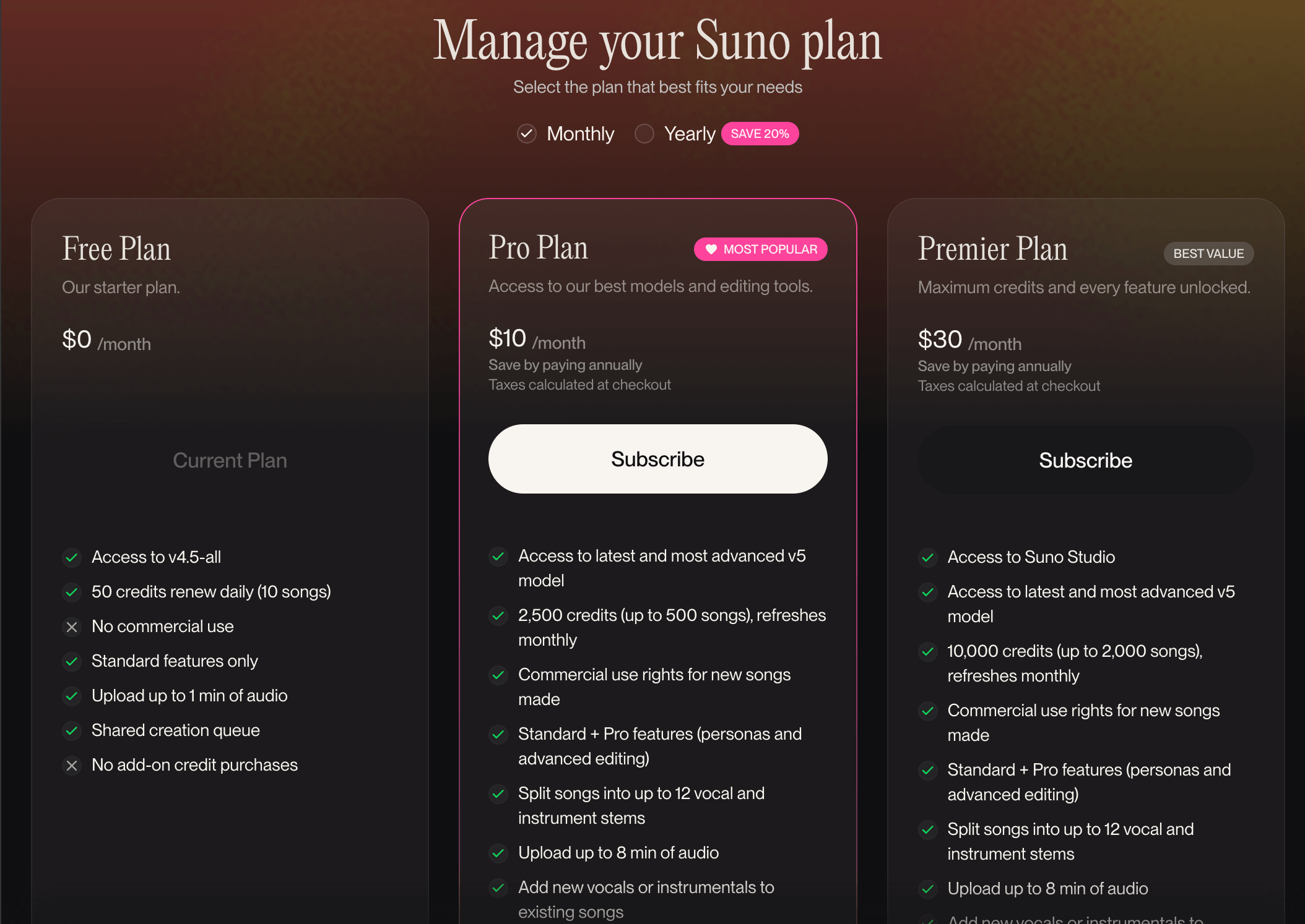 pricing plan of suno ai