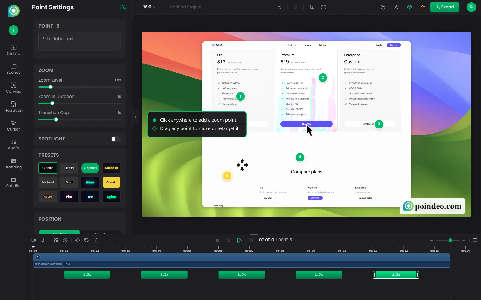 Poindeo editor with multiple zoom points placed on an imported product screenshot