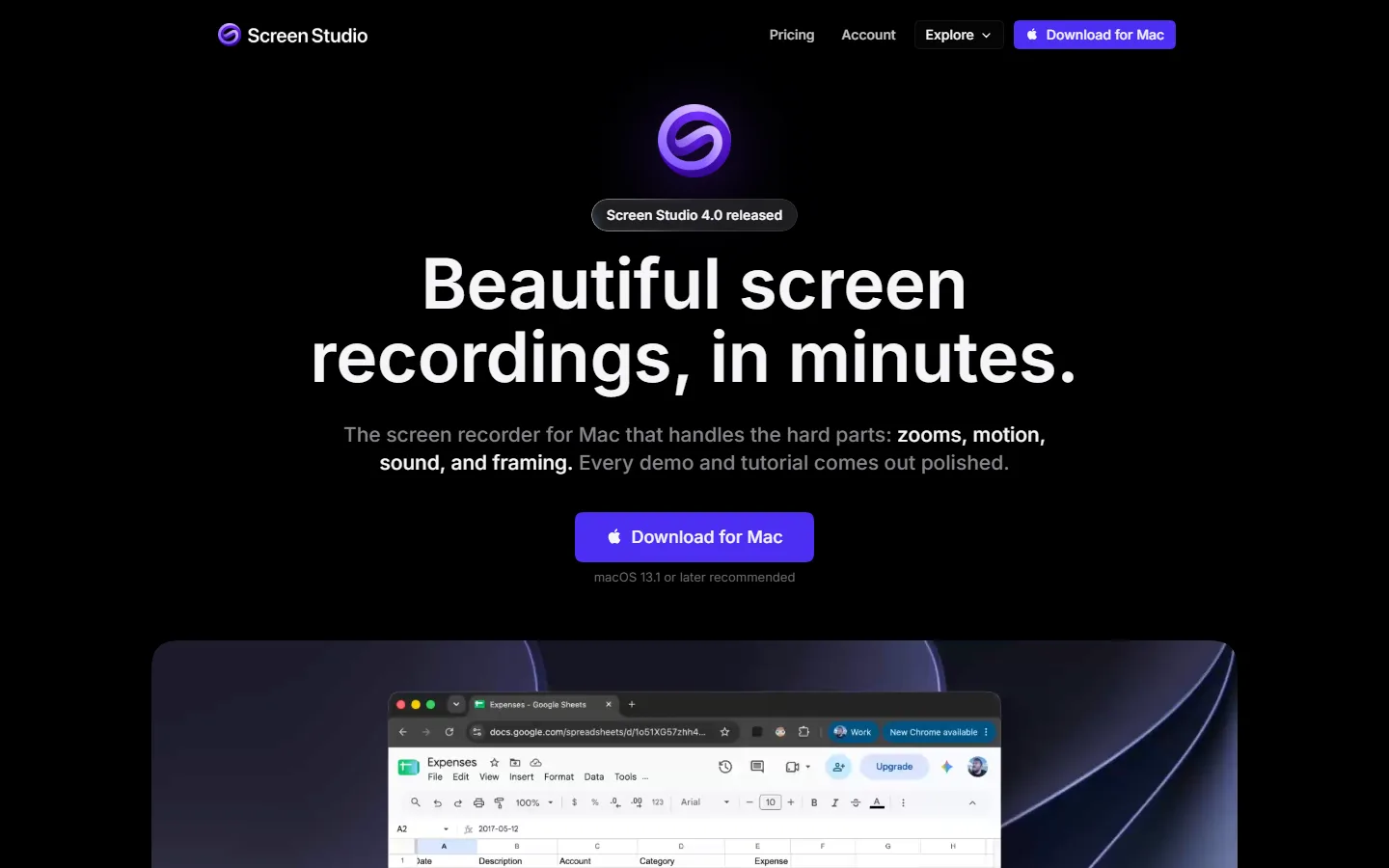 Screen Studio website showing its cinematic screen recording editor for Mac