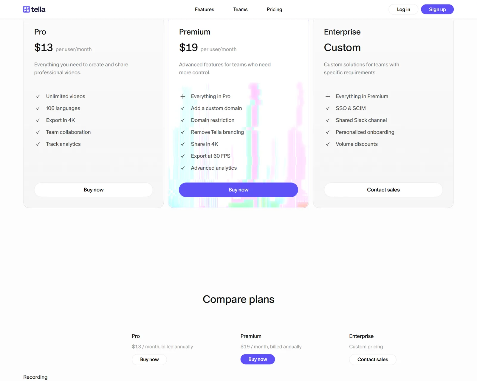 Tella pricing page showing Pro at $13 and Premium at $19 per user per month billed annually
