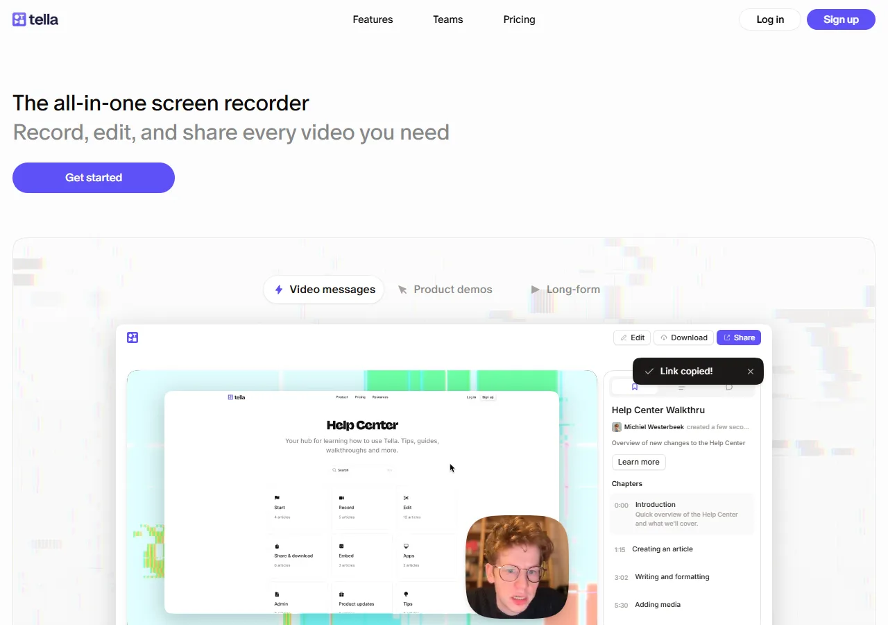 Tella website: web-based screen recorder with polished layouts for team videos