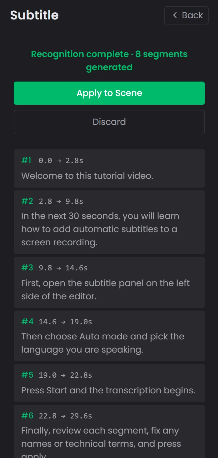 Auto-generated subtitle segments listed with time ranges for review before applying
