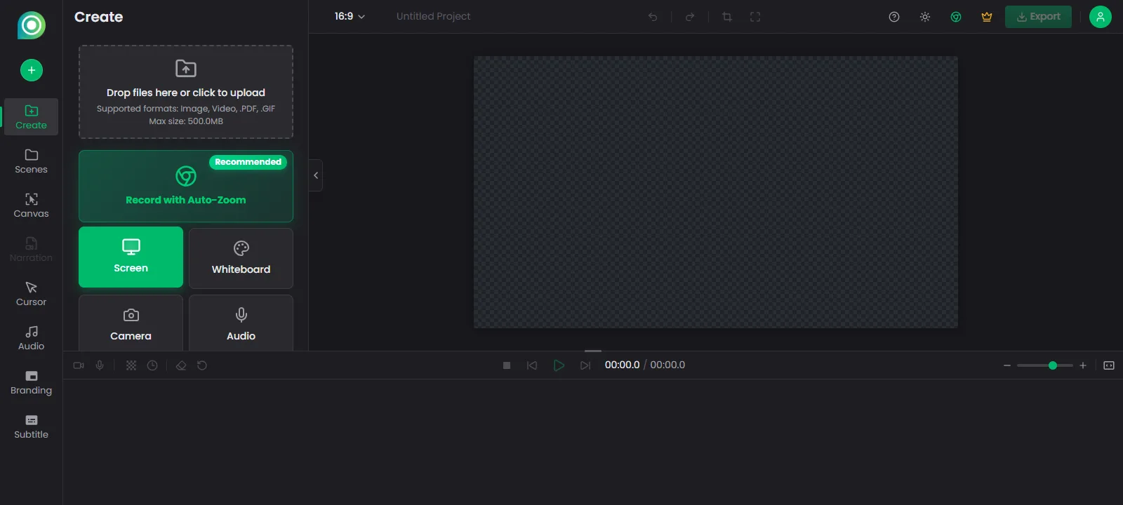 Poindeo Create panel with the Screen recording card highlighted
