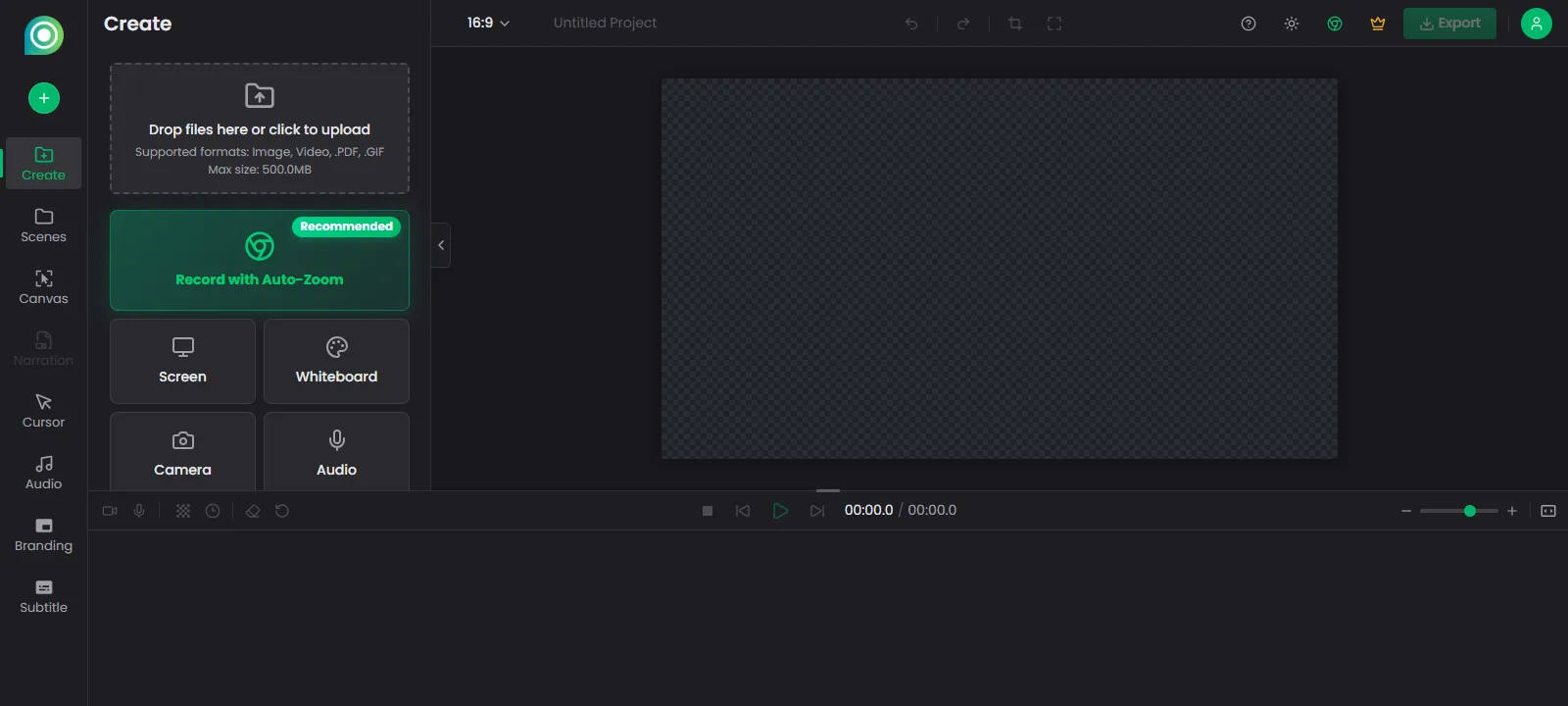 Poindeo editor with the Create panel open