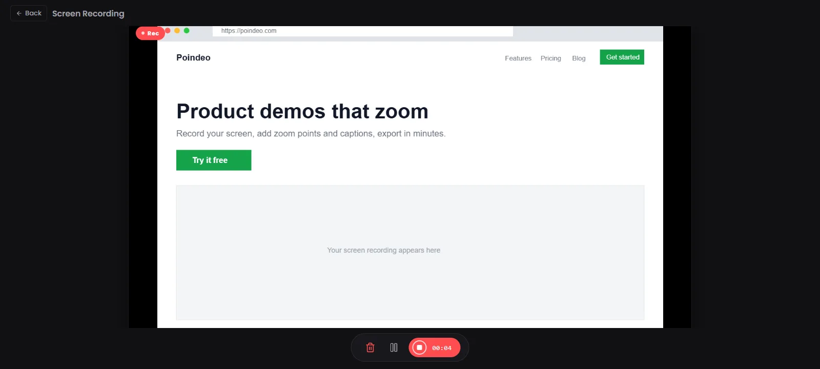 Screen recording in progress in Poindeo with timer and stop controls