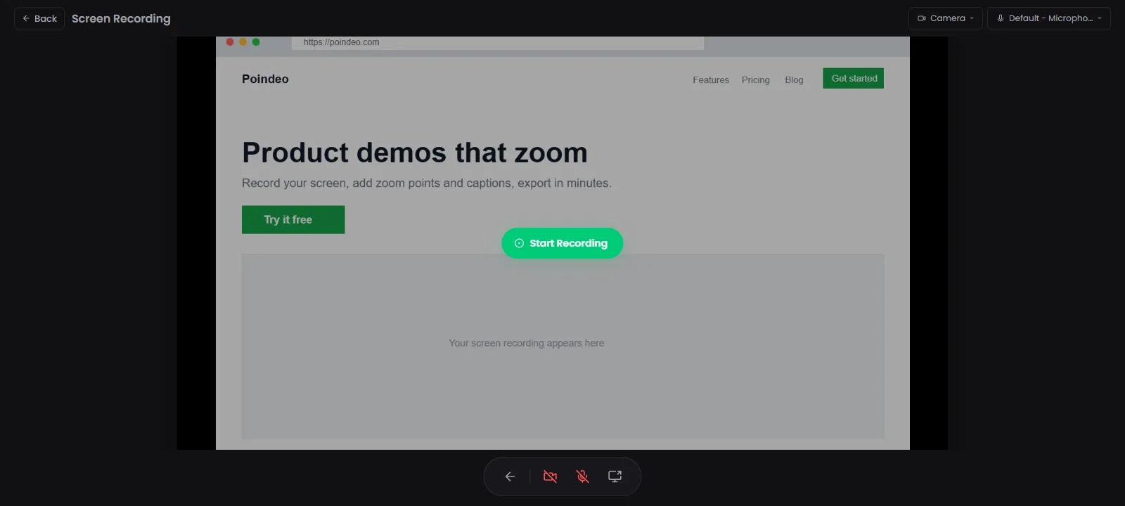 Screen selected for recording with the Start Recording button in Poindeo