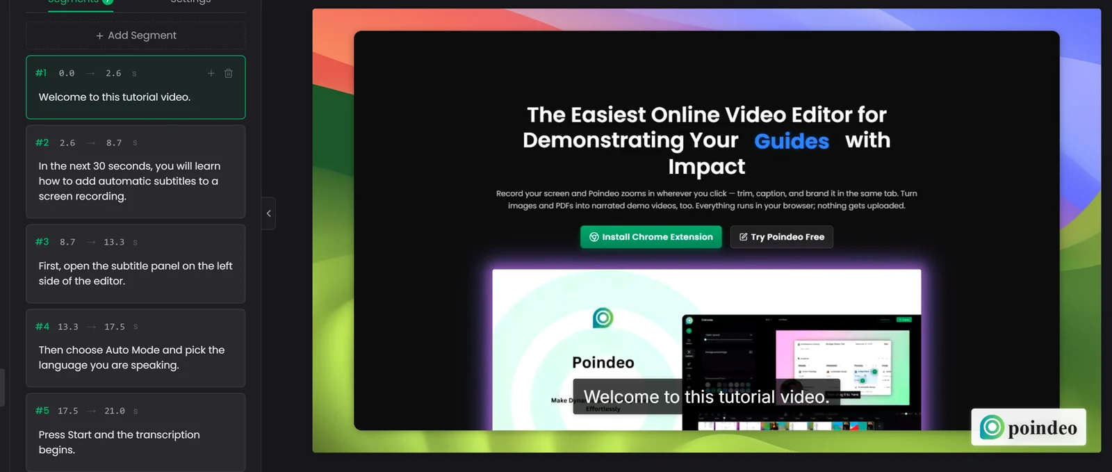 Video preview with auto-generated subtitles applied and burned in over the screen recording