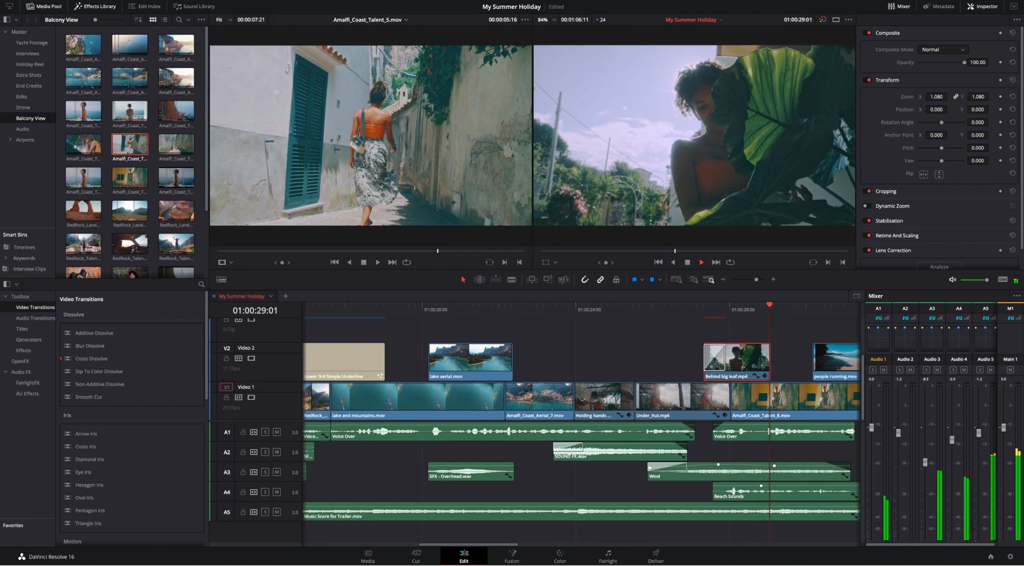 DaVinci Resolve's Edit page with the Inspector open on the right, showing the Transform section and its Zoom controls